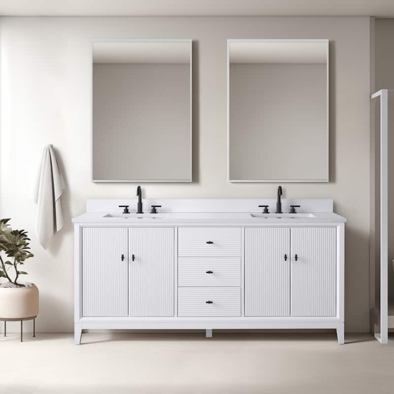 Vanity Art 72" Freestanding Bathroom Vanity with Engineered Marble Top and Sinks - 72"/Matte Black - White