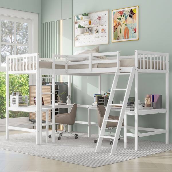 slide 2 of 30, Concise Lodge Design Twin Size L-Shaped Loft Bed with Sloping Ladder,2 Built-in L-Shaped Desks,High-Quality Pine Wood Bed White