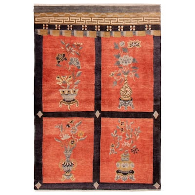 ECARPETGALLERY Hand-knotted Aubusson Red Wool Rug - 4'6 x 6'5