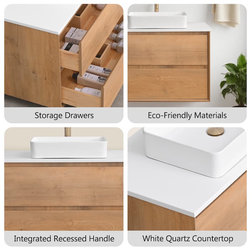 Sylphar 36 inch Toffee Oak Floating Bathroom Vanity with White Quartz Top