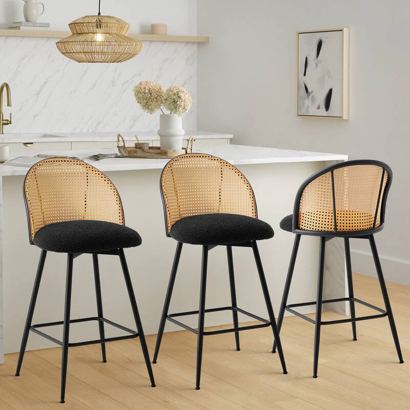 26-Inch Swivel Counter Height Bar Stools with Rattan Back - 36"H x 18.5"W x 19.7"D - Set of 3 - Fabric-Black