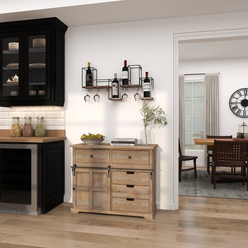 Black Metal 7 Bottle Geometric Wall Wine Rack with 5 Glass Holder Slots