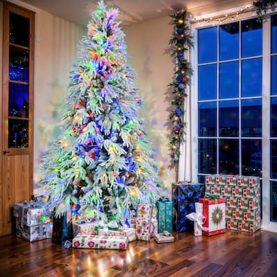 7.5FT Pre-Lit Spruce Snow Flocked Christmas Tree, Artificial Hinged Xmas Tree with 350 Multi-Color LED Lights