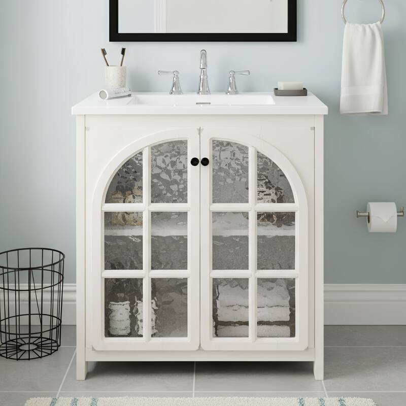Christopher Knight Home - Ashcroft 31" Bathroom Vanity with Ceramic Sink and Tempered Glass Door - Antique White