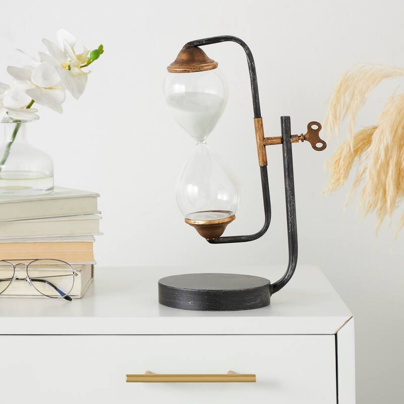 Black Metal Suspended Hourglass Timer with Gold Details - Black