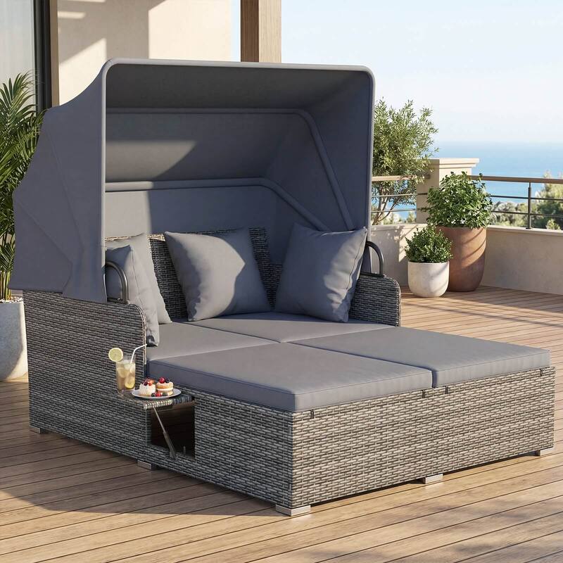 Costway Patio Rattan Daybed Lounge Retractable Top Canopy Side Tables - See Details