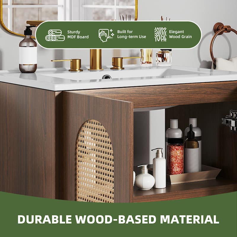 24" Rattan Boho Bathroom Vanity with Sink