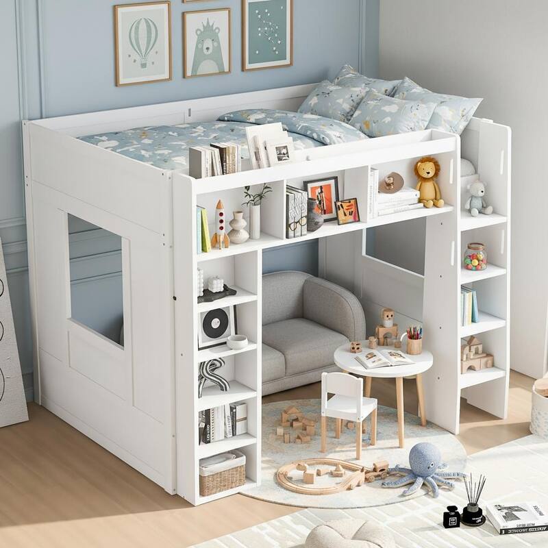 Queen Size Wooden Loft Bed with Storage Cabinets and Shelves by Harper&Bright Designs