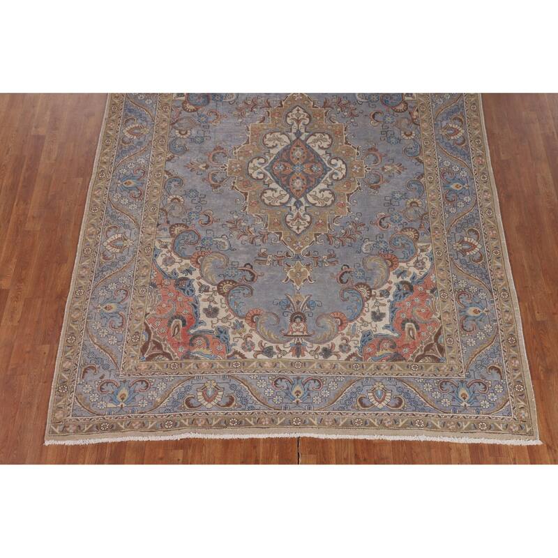 Blue Distressed Tabriz Persian Vintage Rug Hand-Knotted Wool Carpet - 7'4" x 10'3"