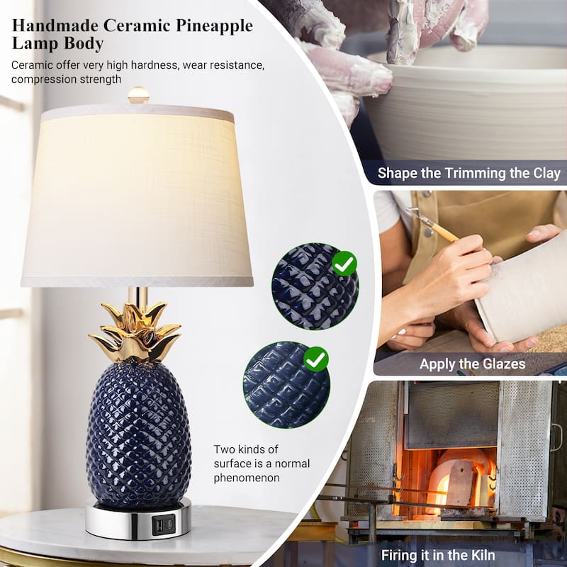 22" Pineapple Table Lamps Set of 2, 3 way Dimmable Ceramic Table Lamp, Modern Table Lamp with USB Port,Bulbs Included, 9W