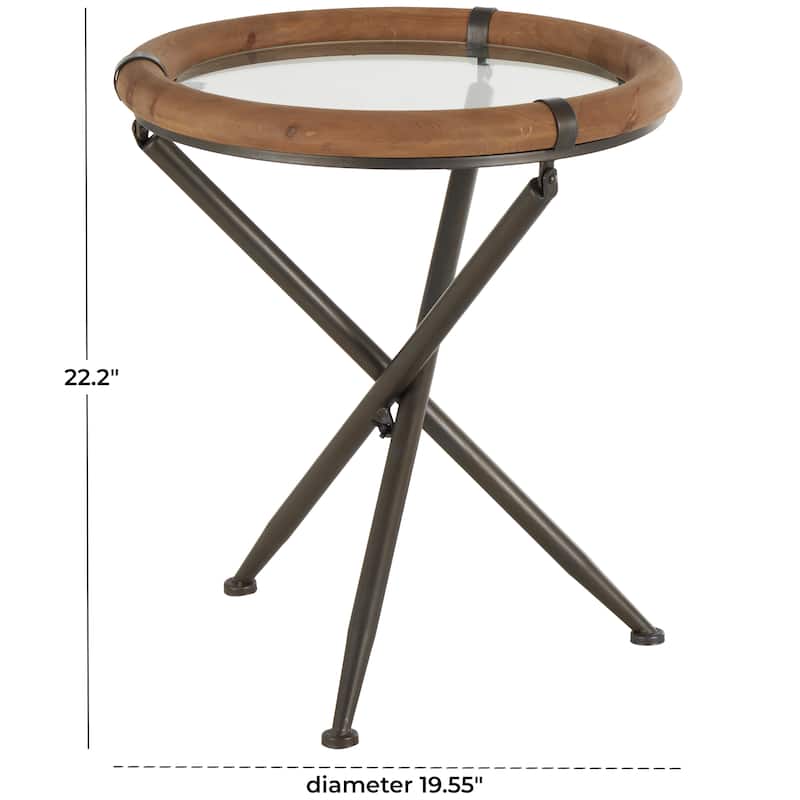 Metal Round Accent Table with Brown Wooden Framed Glass Tabletop - Brass - Roche River Decor