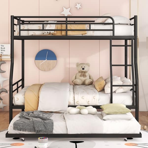slide 2 of 33, Full XL Over Queen Iron Frame Bunk Bed Split Into 2 Beds with Trundle Black - Queen