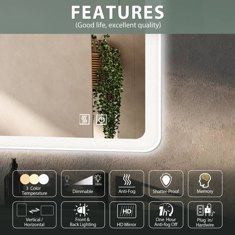 Yulika LED Bathroom Mirror 3 Colors LED Vanity Mirror with Anti-Fog and Stepless Dimmable