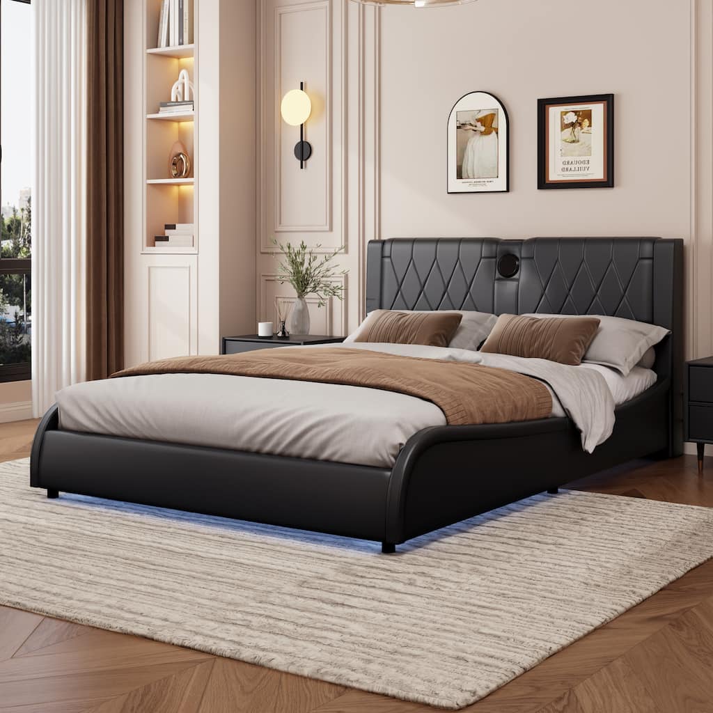 Leather Upholstered Platform Bed Curved Wingback Bed with Thickened Headboard, Bluetooth Speakers and RGB LED Light