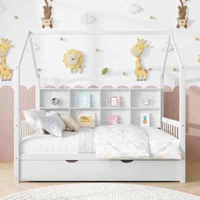 Modern Wooden House Bed with Trundle And Shelf