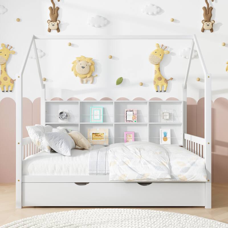 Wooden House Bed with Trundle and Shelf - White - Full