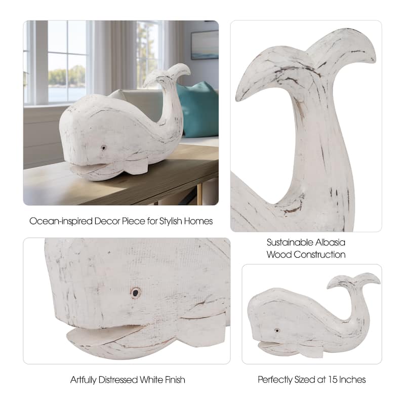 Sagebrook Home Coastal Albasia Wood 15-Inch Nautical Tail Up Whale Figurine - 15" x 3" x 9"