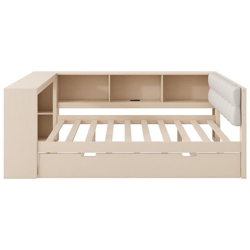 Upholstered Sofa Bed, Wood Daybed, L-shaped Bed Frame with Desk, Shelves, Charging Station, and Optional with Trundle or Drawers