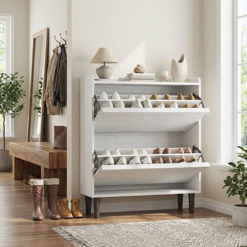 Narrow Shoe Cabinet Organizer with 2 Flip Drawers for Entryway, Hallway, Living Room - White