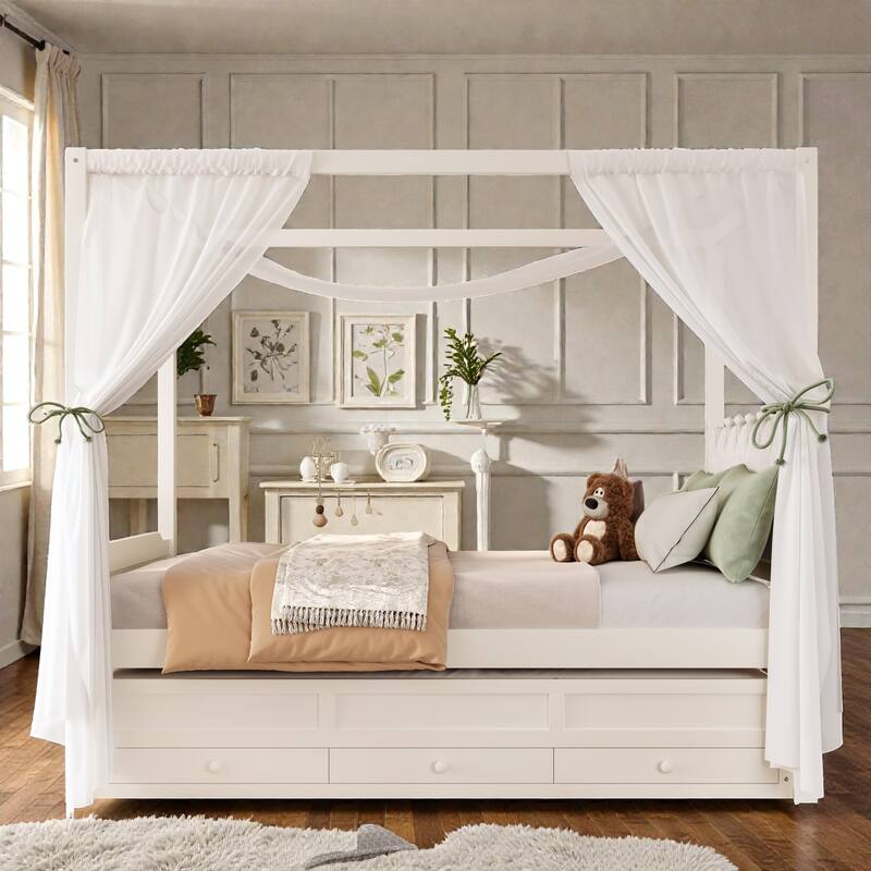 Princess Canopy Platform Bed with Upholstered Headboard, Trundle and 3 Drawers, Kids House Bed Frame with Storage