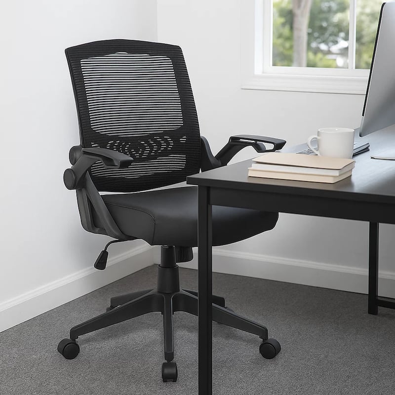Rolling Task Chair with Flip Arms, Black Mesh and Vinyl, Adjustable