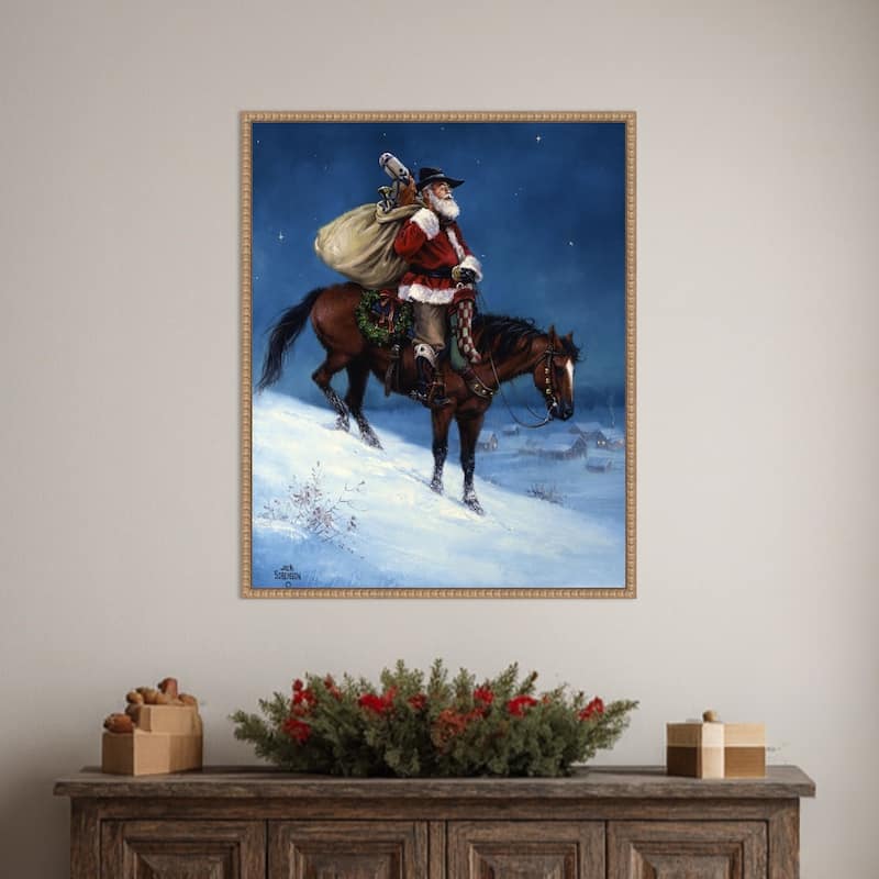 A Cowboy Christmas by Jack Sorenson (23 x 28 in.), Framed Canvas Wall Art Print - Sylvie Beaded Rustic Natural