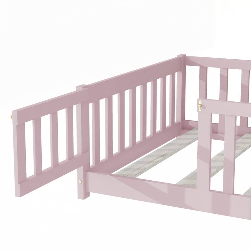 Rubber Wood Floor Bed with Safety Guardrails