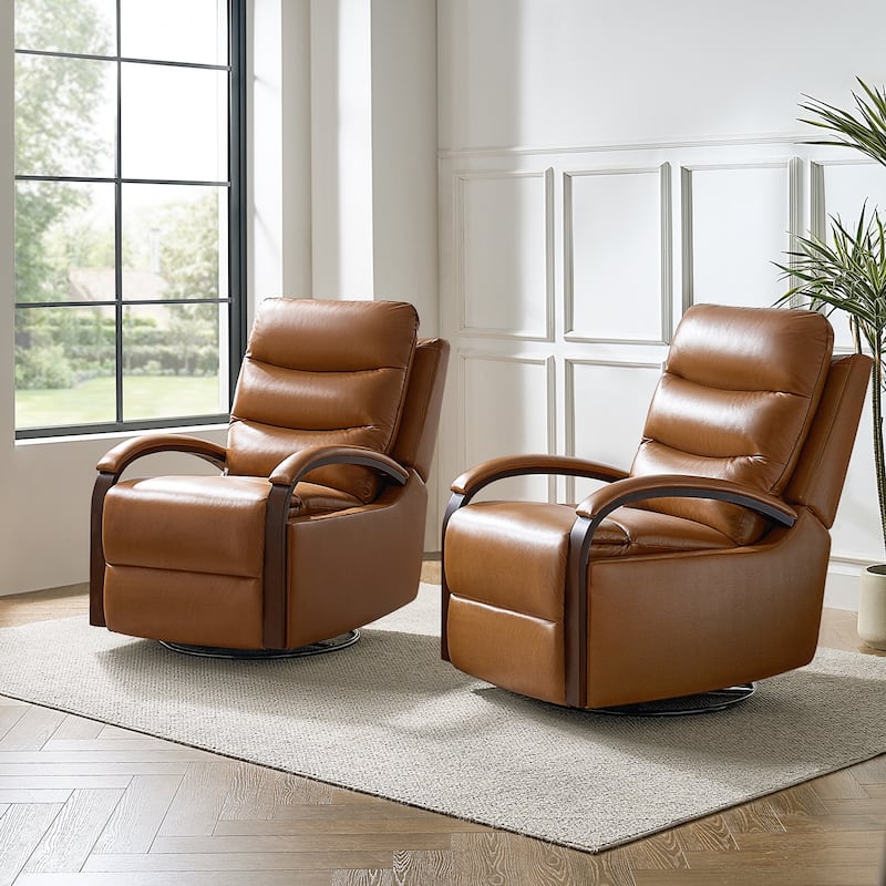 Leopold Genuine Leather Swivel Rocking Manual Recliner Chair with Wooden Arm Accents Set of 2 by HULALA HOME - Camel