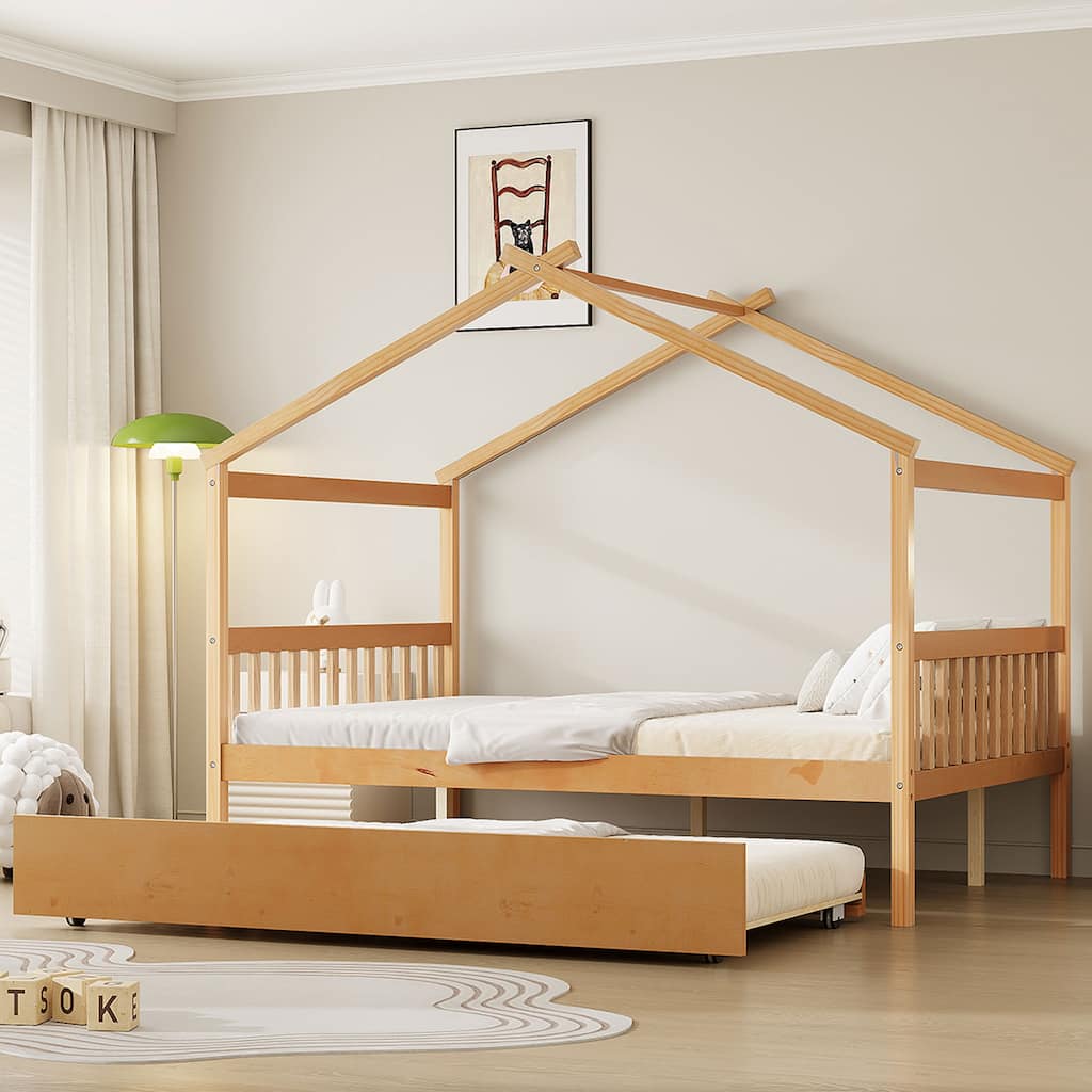 Full Size Wooden House Bed with Twin Trundle, Natural Finish, Pinewood Construction