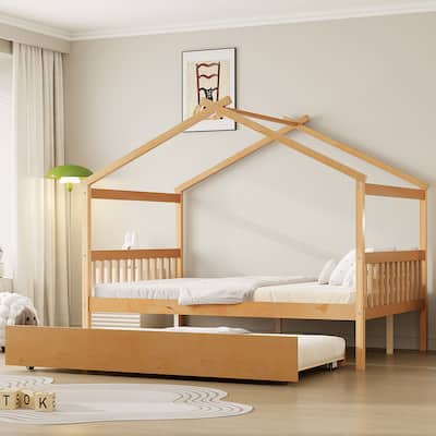 Full Size Wooden House-Shaped Bed With Twin Size Trundle