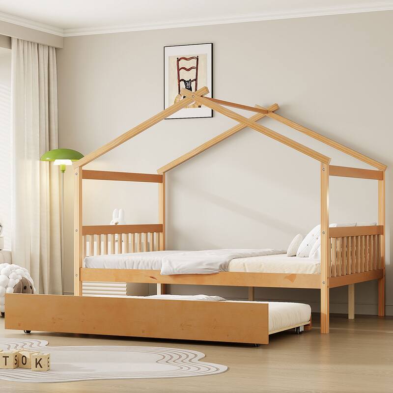 Kids Full Size House Bed with Pull-Out Trundle and Headboards Durable Pine Construction - Natural