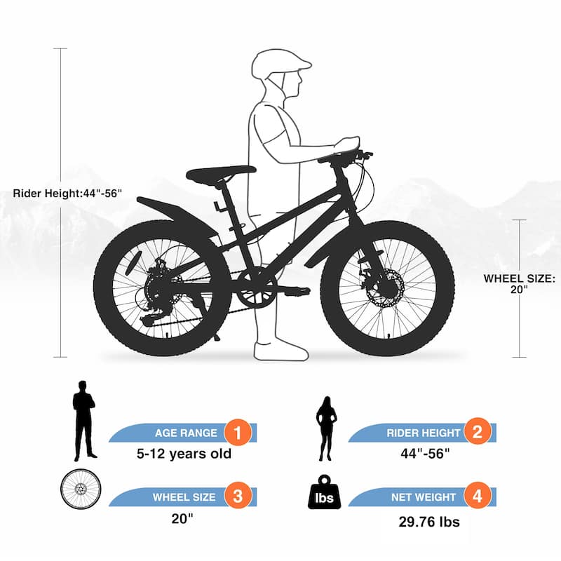 Kids' Fat Tire Bike - Dual-Disc Brake, Shimano 7-Speed, Beach/Snow Bicycle, Unisex - 20