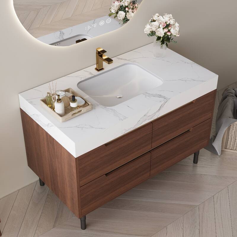 GDFStudio - Luxury 35.4" Versatile Floating/Freestanding Sintered Stone Bathroom Vanity with Ceramic Sink & Soft-Close Drawers