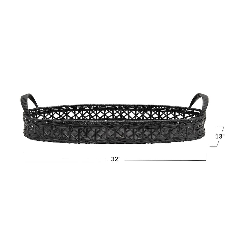 Decorative Hand-Woven Rattan Tray with Handles, Black
