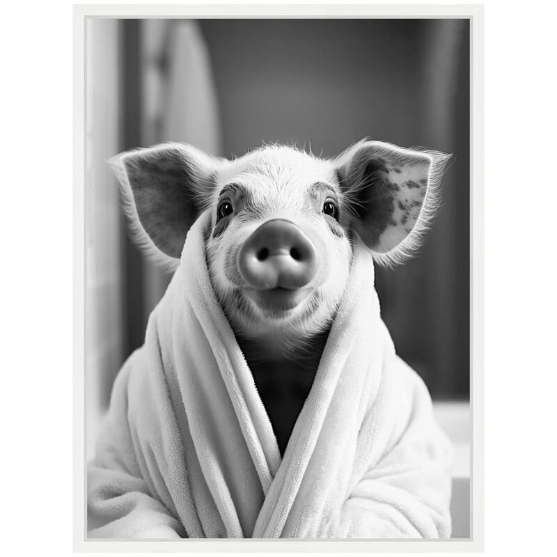 Kate and Laurel Sylvie Pig Bathroom Art Towel Robe Black and White Framed Canvas by The Creative Bunch Studio