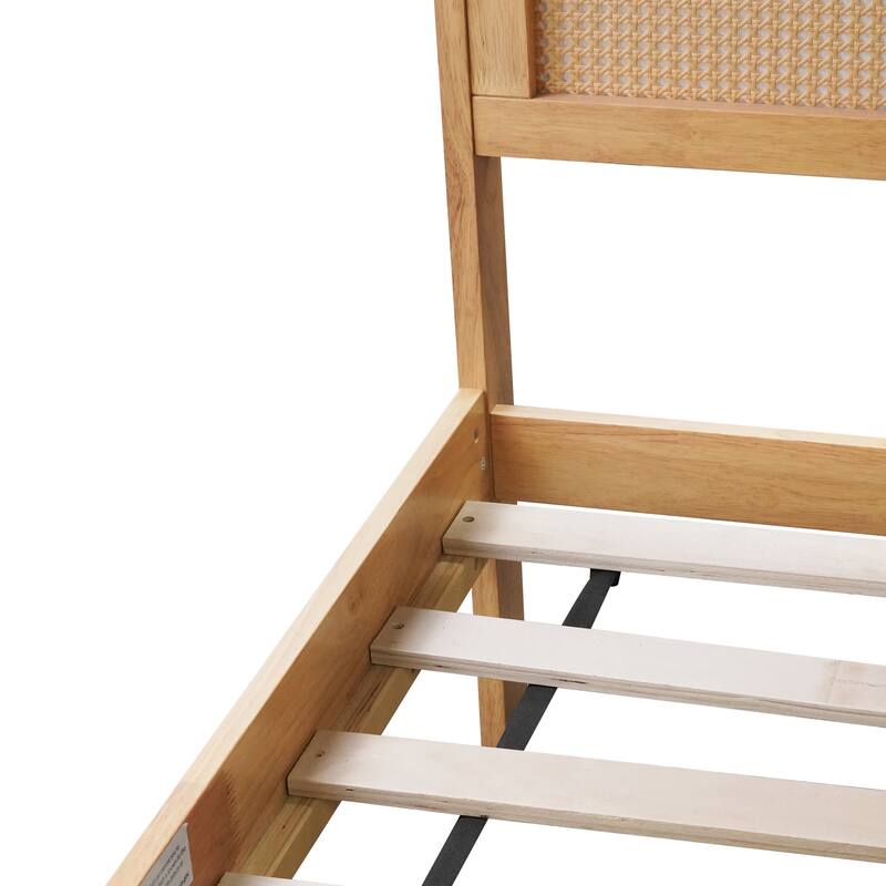 Wood Full Size Bed with Rattan Headboard, Two Storage Drawers
