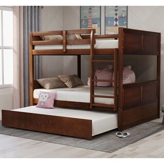 Modern Minimalist Design Full Over Full Bunk Bed with Twin Size Trundle,Versatile Solid Wood Bed with Built-In Ladder
