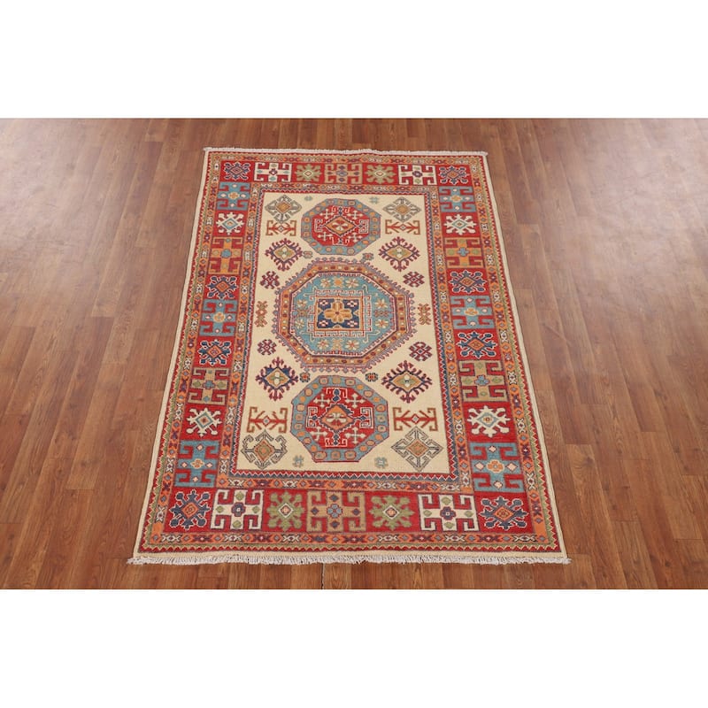 Geometric Beige Kazak Foyer Rug Hand-Knotted Oriental Wool Carpet - 4'0" x 5'11"