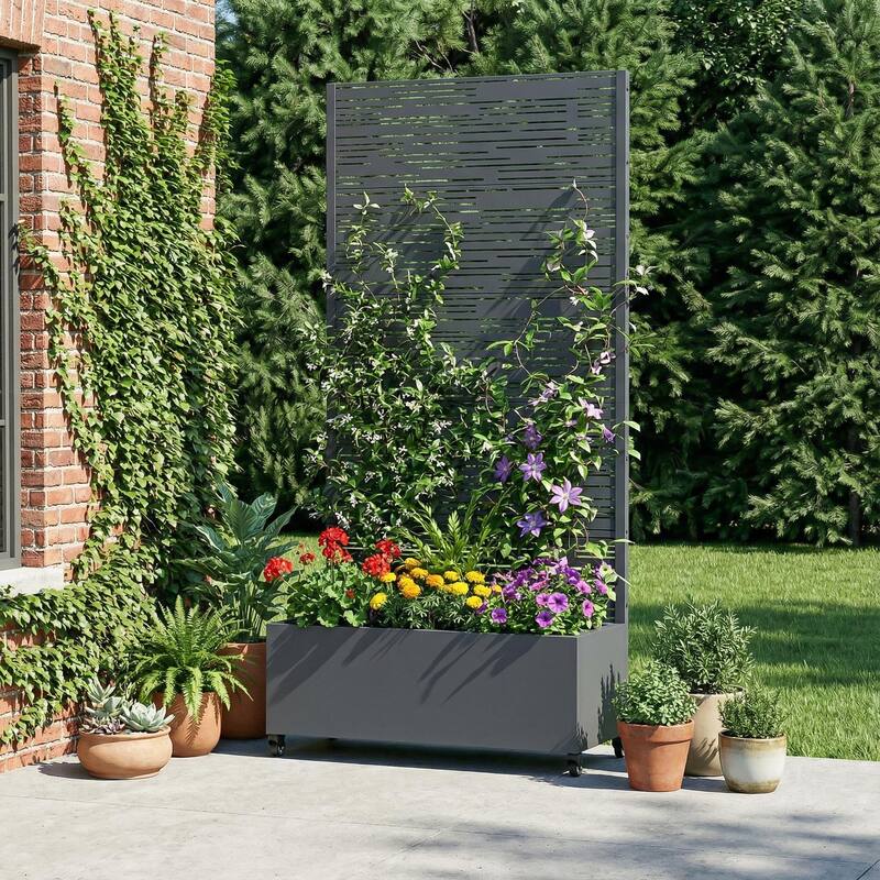 Raised Garden Bed Planter with Trellis Movable Planter Box with Lockable Wheels - 72*35 - Dark Gray