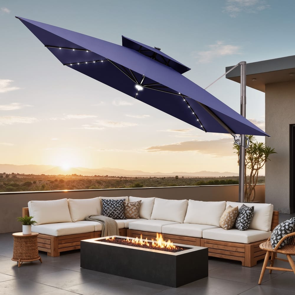 11 FT Square Outdoor Patio Cantilever Umbrella with Solar Lights Double Canopy 360 Rotation Tilt