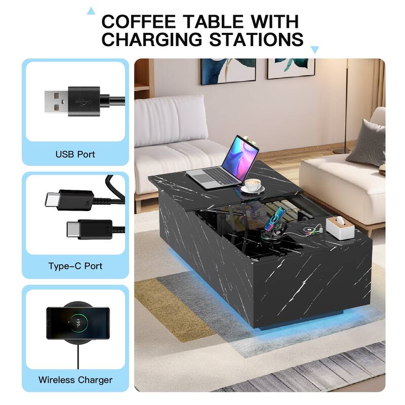 Pocassy LED Coffee Table 47.2" Coffee Tables with Storage Shelf