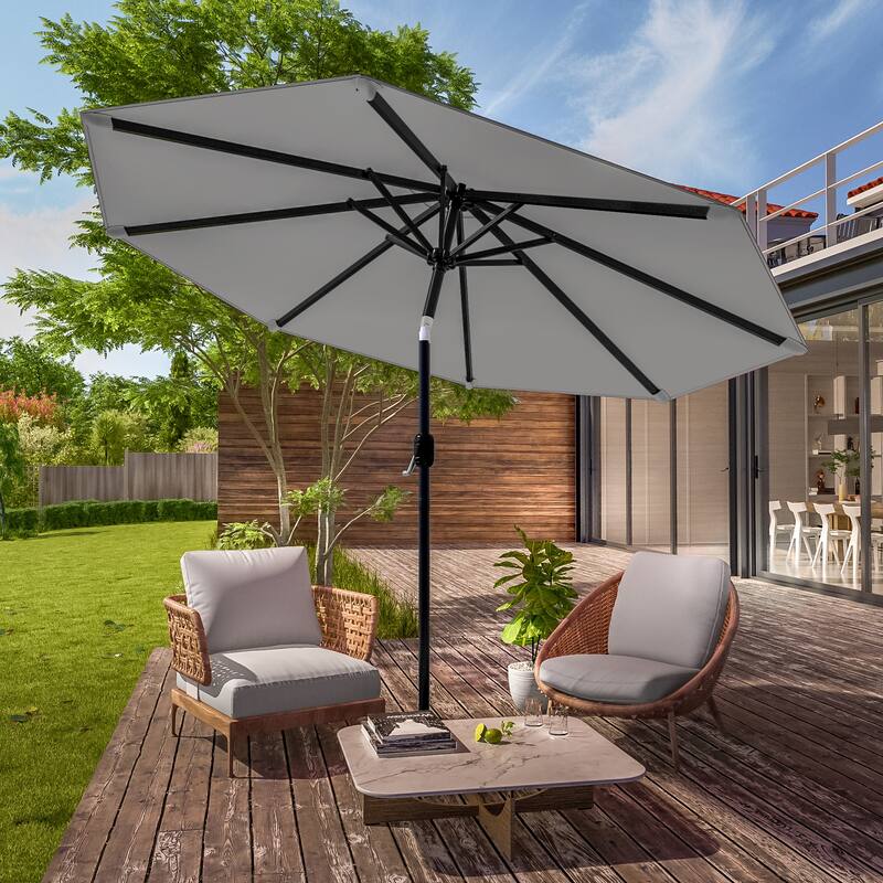 LIVOOSUN 9Ft Large Round Outdoor Patio Market Umbrella with Crank and 8 Ribs, Gray