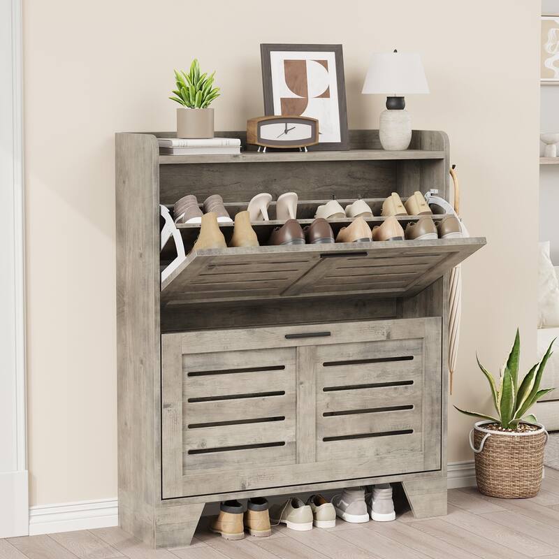 Slim Entryway Shoe Cabinet, 2 Flip-Drawer Organizer with Adjustable Shelves