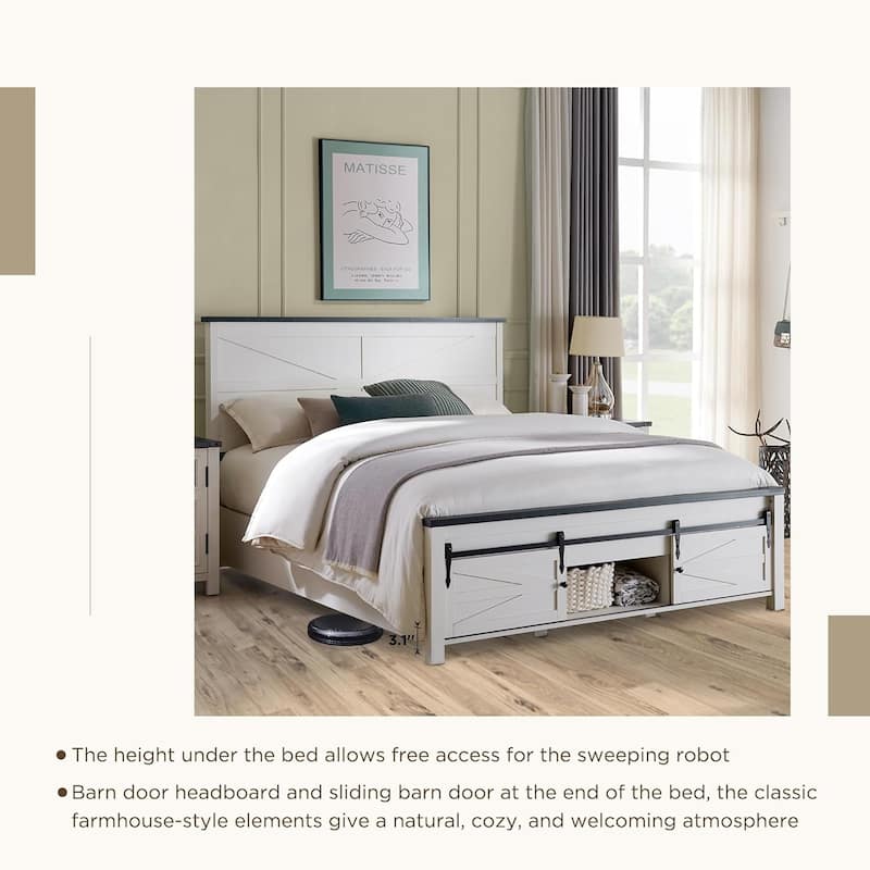 Farmhouse King Size Wood Bed Frame with Sliding Barn Door Storage