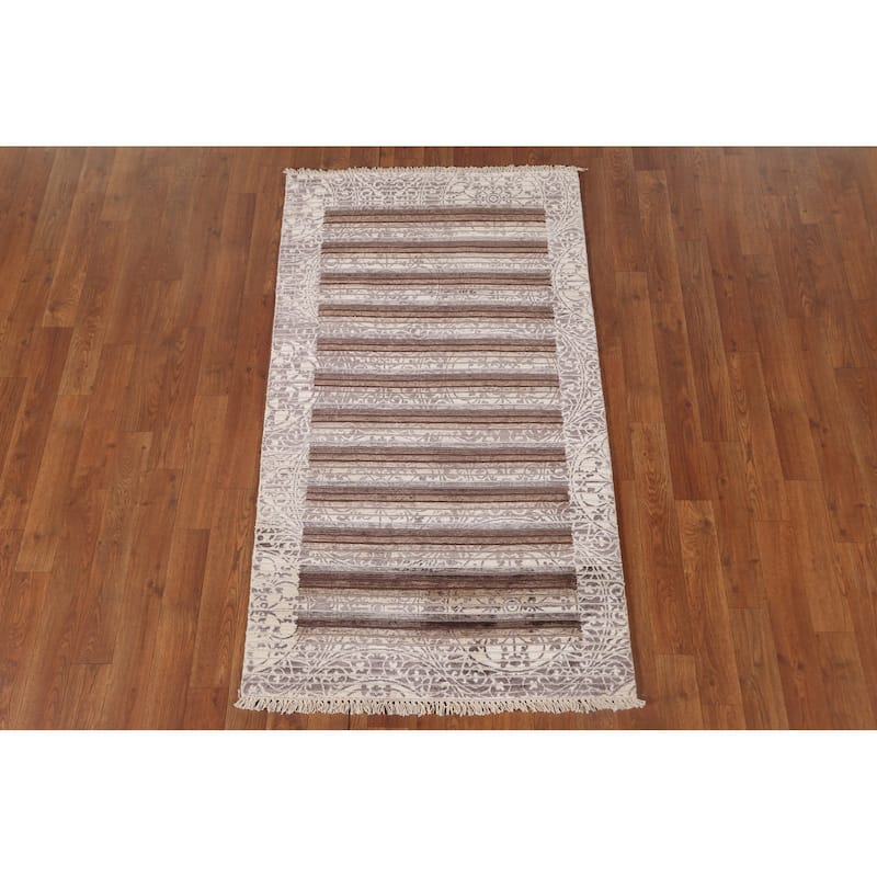 Striped Abstract Accent Rug Handmade Beige Wool Carpet - 2'8"x 4'8"