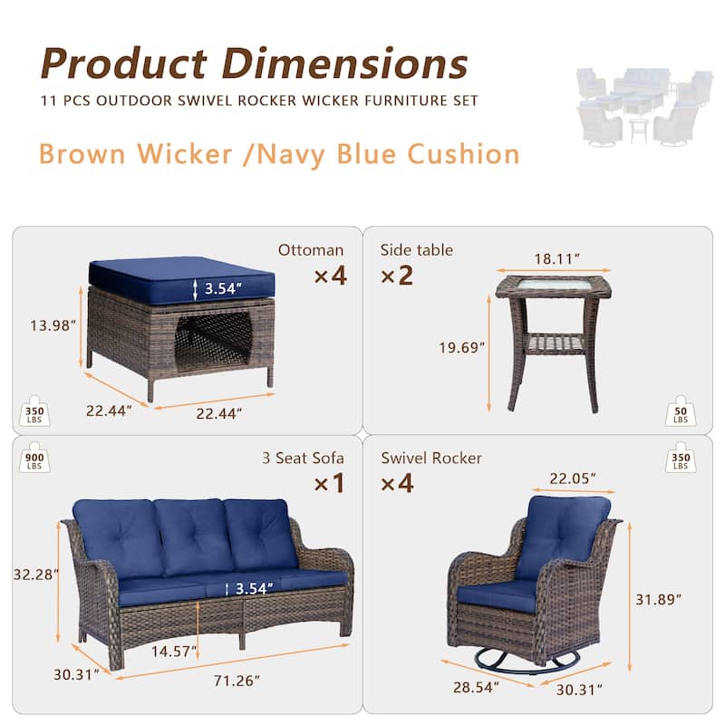 11 Piece Rattan Wicker Outdoor Patio Furniture with Swivel Chairs Set