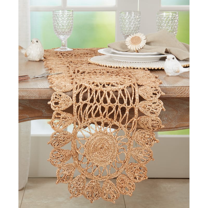 Jute Table Runner with Stitched Design - 13"x54"