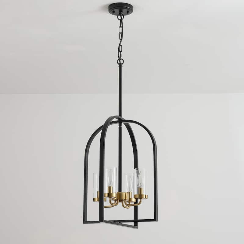 4-Light Farmhouse Industrial Matte Black Lattern Cage Chandelier with Clear Glass Tube for Use in Kitchen Island, Dining Room