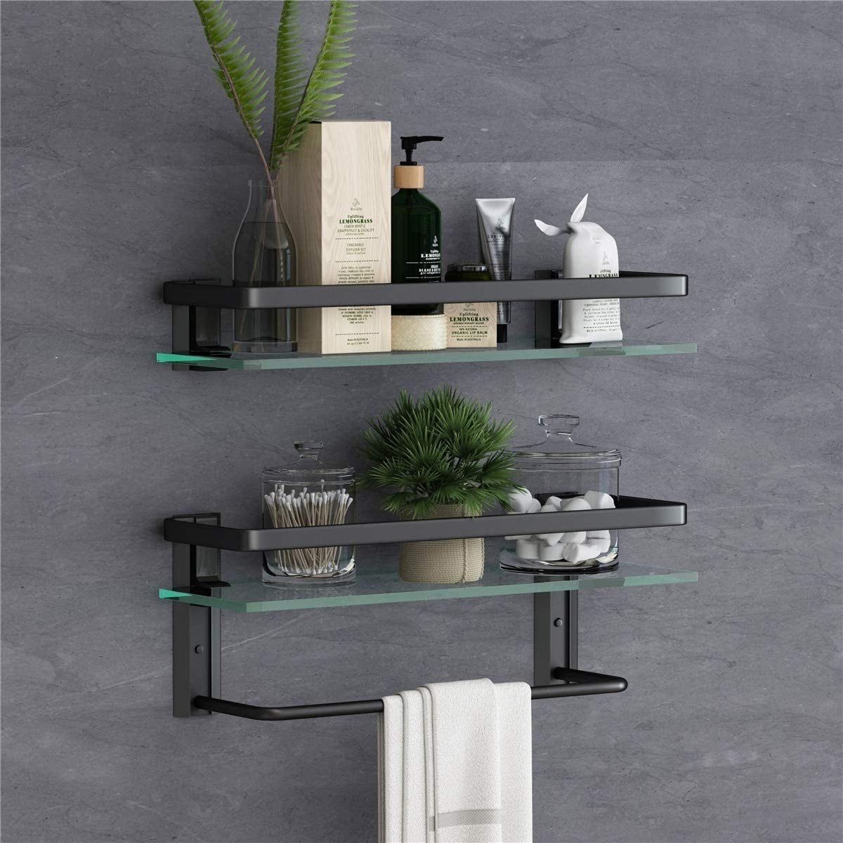 Floating Shelves Set of 2-For Coffee Bar, Bathroom Shelves with Towel Bar, Wall Shelves with 8 Hooks for Kitchen