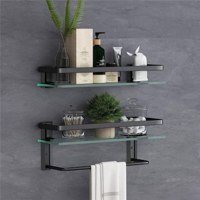 2 Tier Bathroom Wall Mounted Floating Glass Shelves with Towel Holder